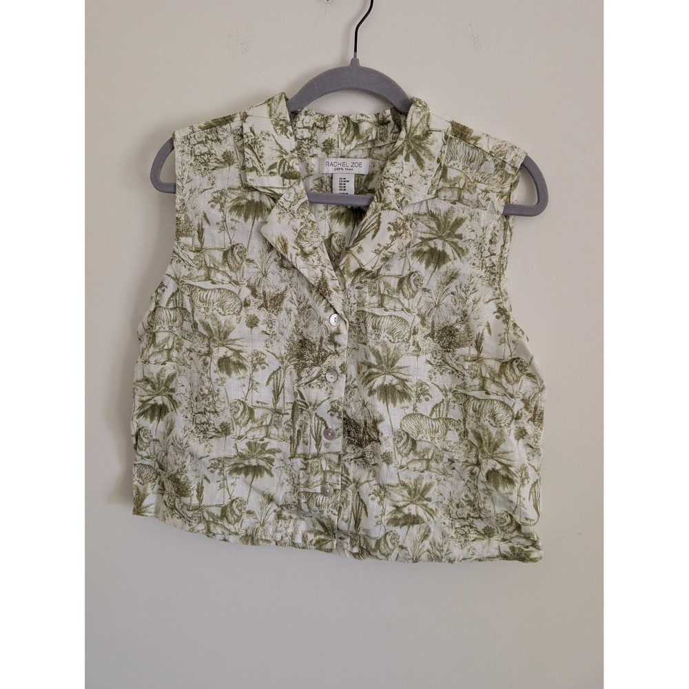 Rachel Zoe Womens Olive Green Linen Safari Toile Print Sleeveless Button Top M